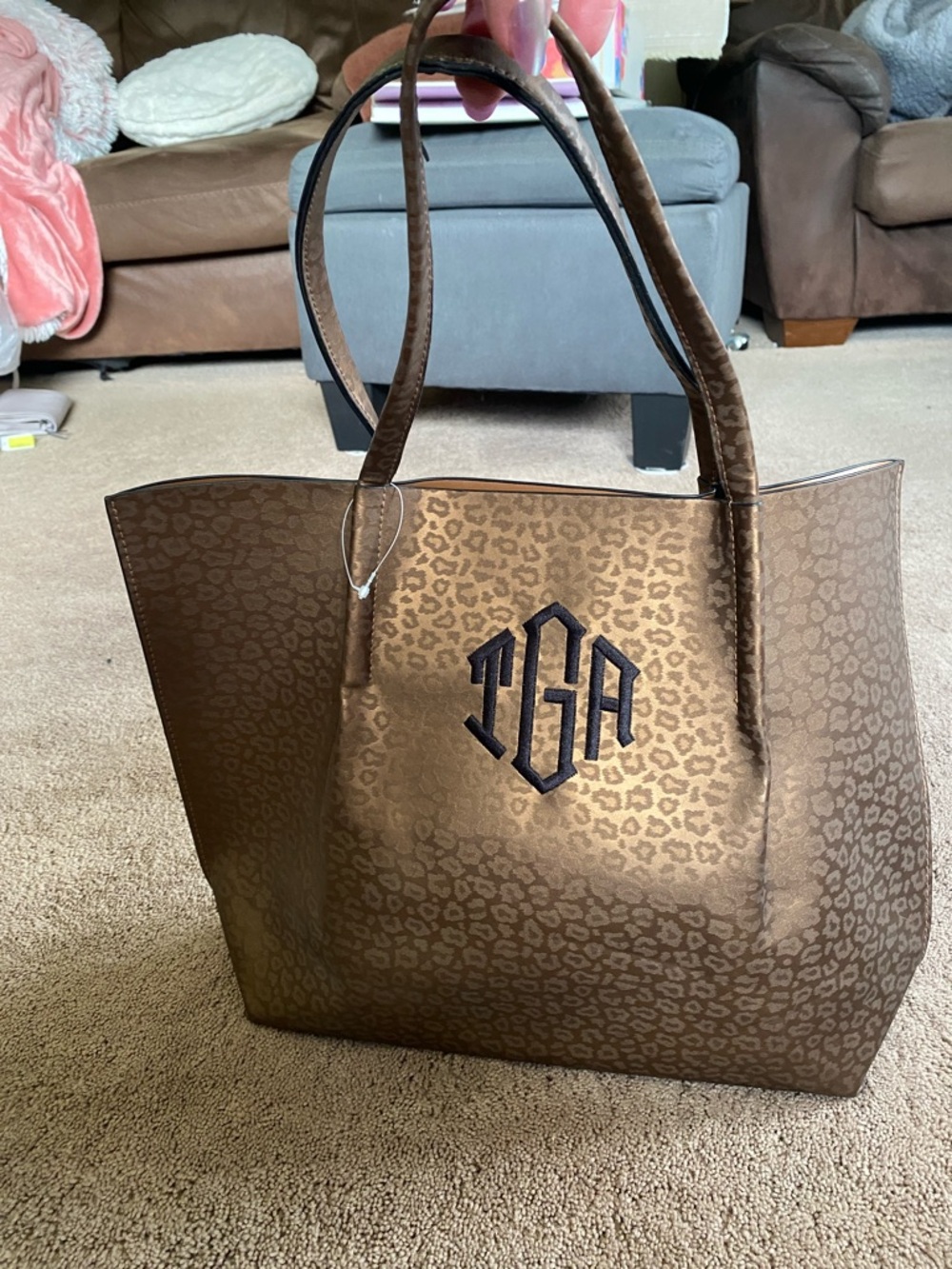 Monogram Brown Leopard Tote Bag with the letters TGA